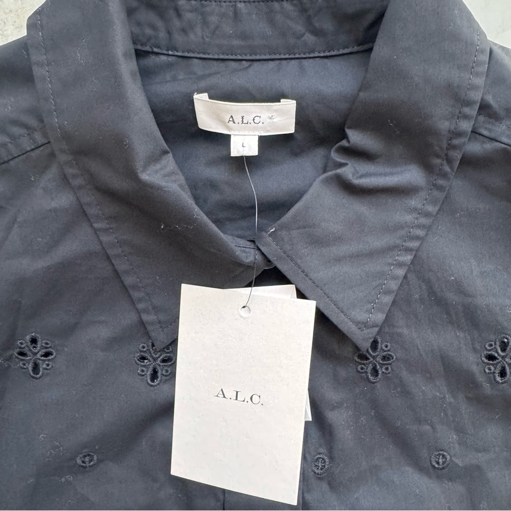 A.L.C Jade Black Cotton Eyelet Embroidered Short Sleeves Blouse Top size L - Picture 8 of 14